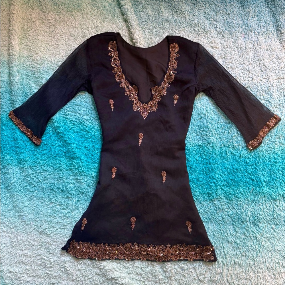 Y2K Fairy Embroidered Black Top With Gold Accents